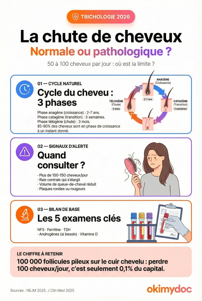 Infographie sur la chute de cheveux normale ou pathologique incluant le cycle naturel, les signaux d'alerte et le bilan de base.