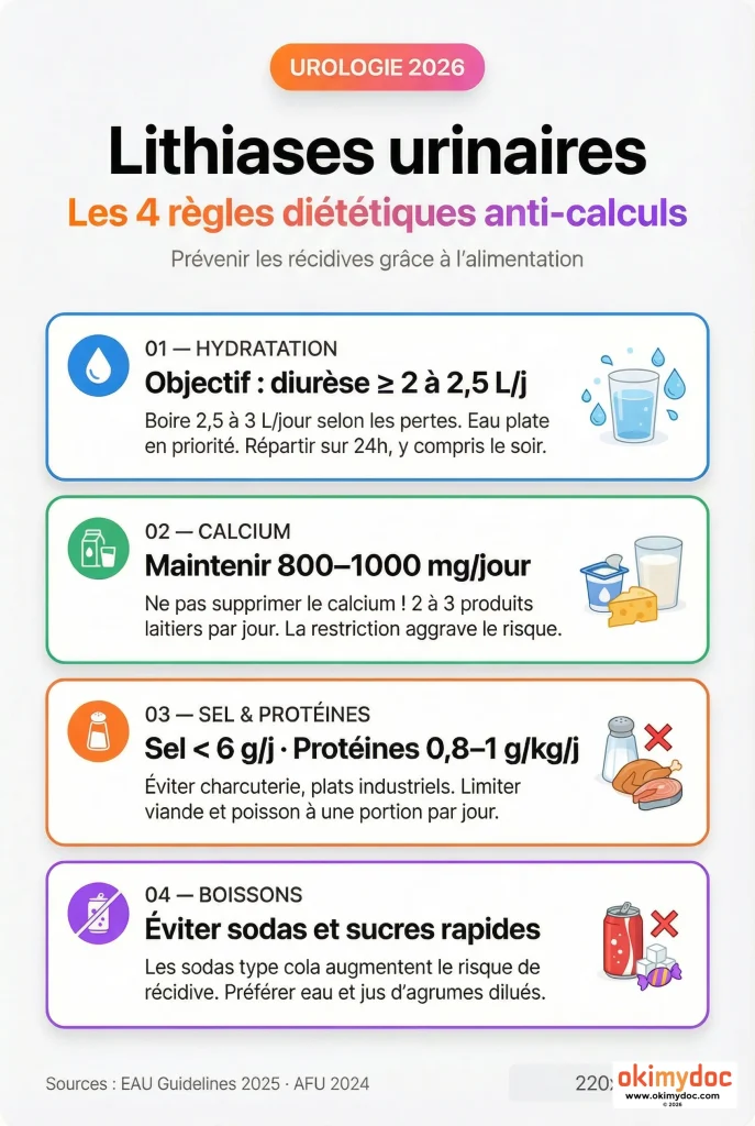 Infographie sur les règles diététiques pour prévenir les récidives de lithiase urinaire.