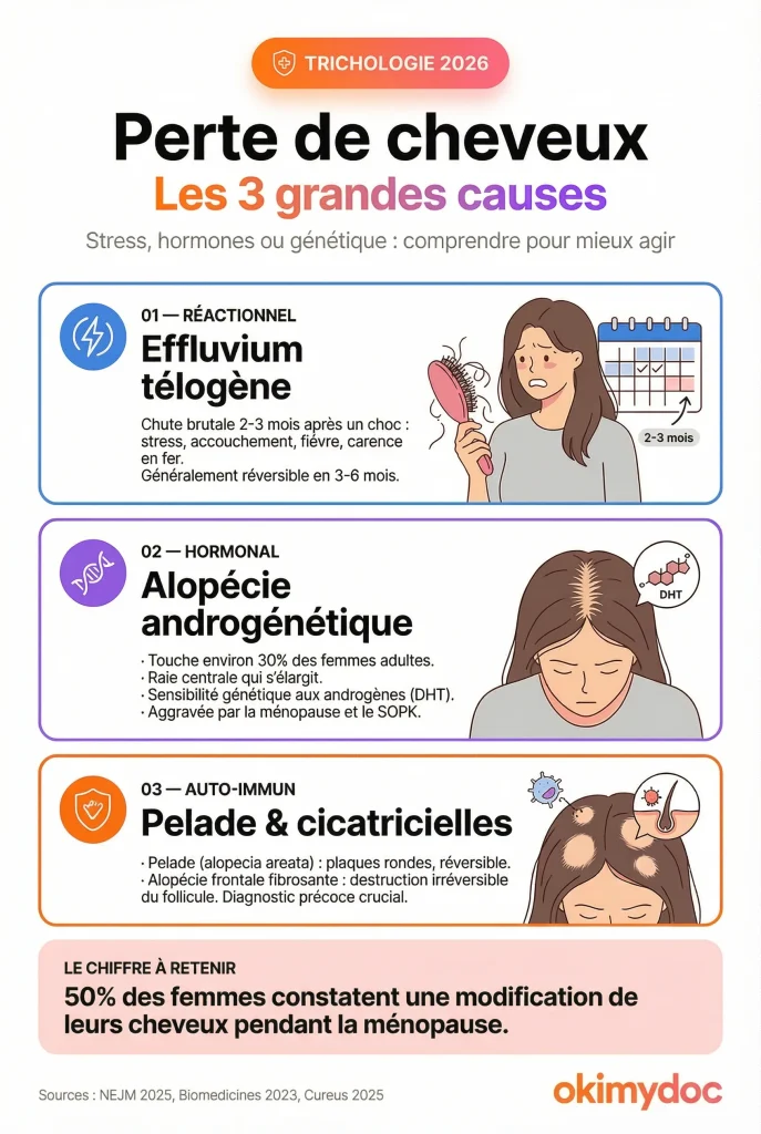 Illustration des trois grandes causes de perte de cheveux chez les femmes : effluvium télogène, alopécie androgénétique, et alopécies auto-immunes et cicatricielles.