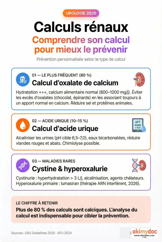 Infographie sur les types de calculs rénaux et leur prévention.