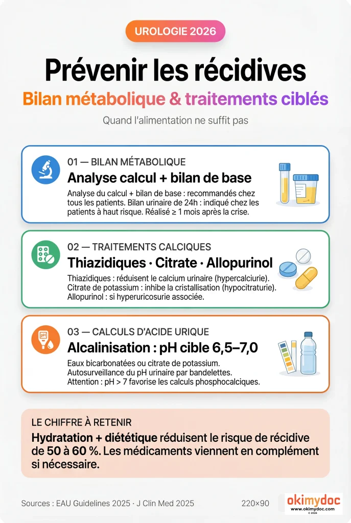 Infographie sur la prévention des récidives des lithiases urinaires avec des bilans métaboliques et traitements ciblés.
