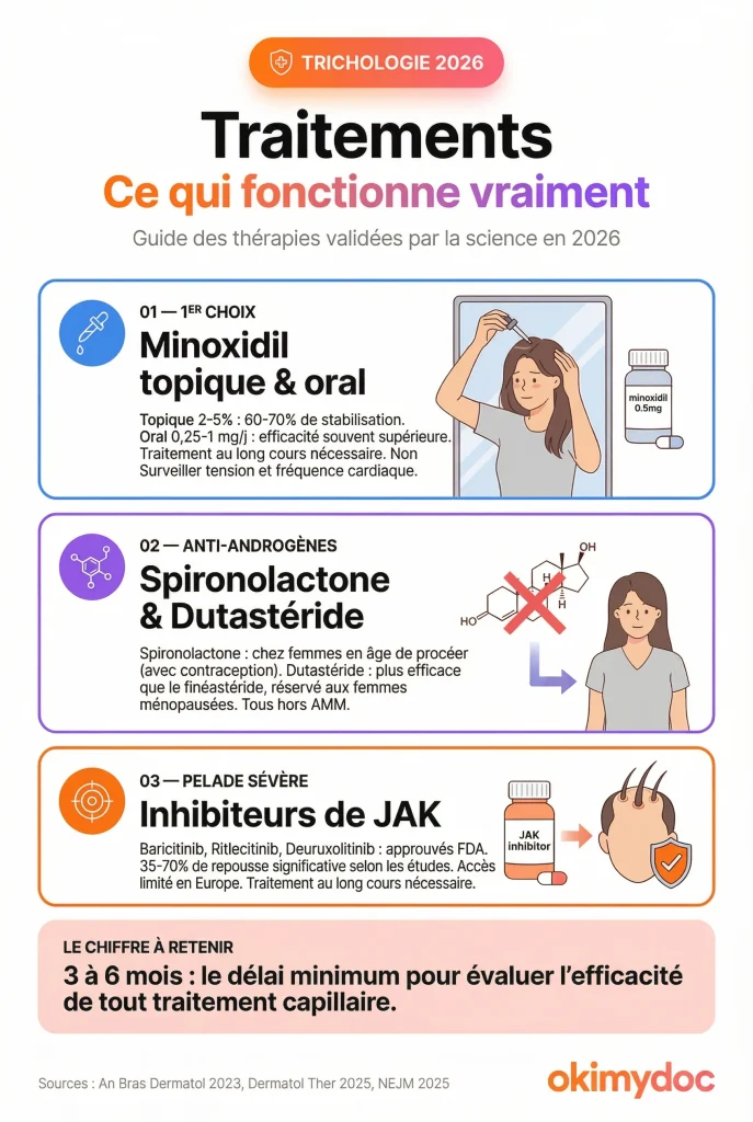 Infographie des traitements capillaires validés en 2026, mettant en avant le minoxidil, les anti-androgènes et les inhibiteurs de JAK.