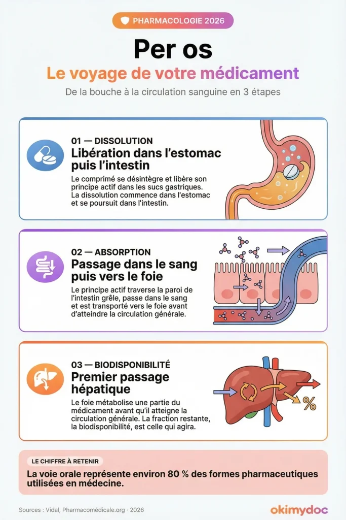 Infographie expliquant le parcours d'un médicament per os en trois étapes: dissolution, absorption, biodisponibilité.