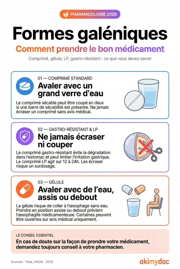 Infographie sur les formes galéniques, détaillant comment prendre les comprimés standards, gastro-résistants et les gélules.