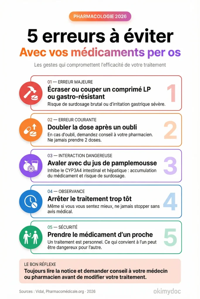 Infographie sur les erreurs à éviter avec les médicaments per os.