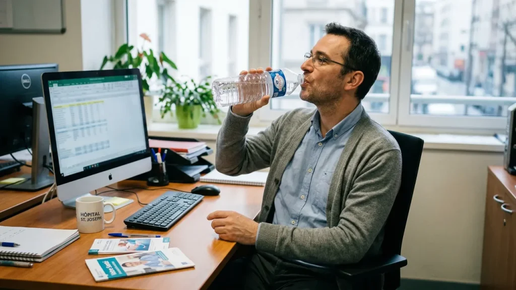 Un homme buvant de l'eau pour illustrer l'importance de l'hydratation dans la prévention des calculs rénaux.