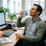 Un homme buvant de l'eau pour illustrer l'importance de l'hydratation dans la prévention des calculs rénaux.