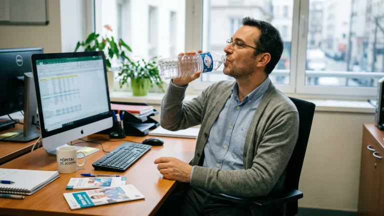 Un homme buvant de l'eau pour illustrer l'importance de l'hydratation dans la prévention des calculs rénaux.