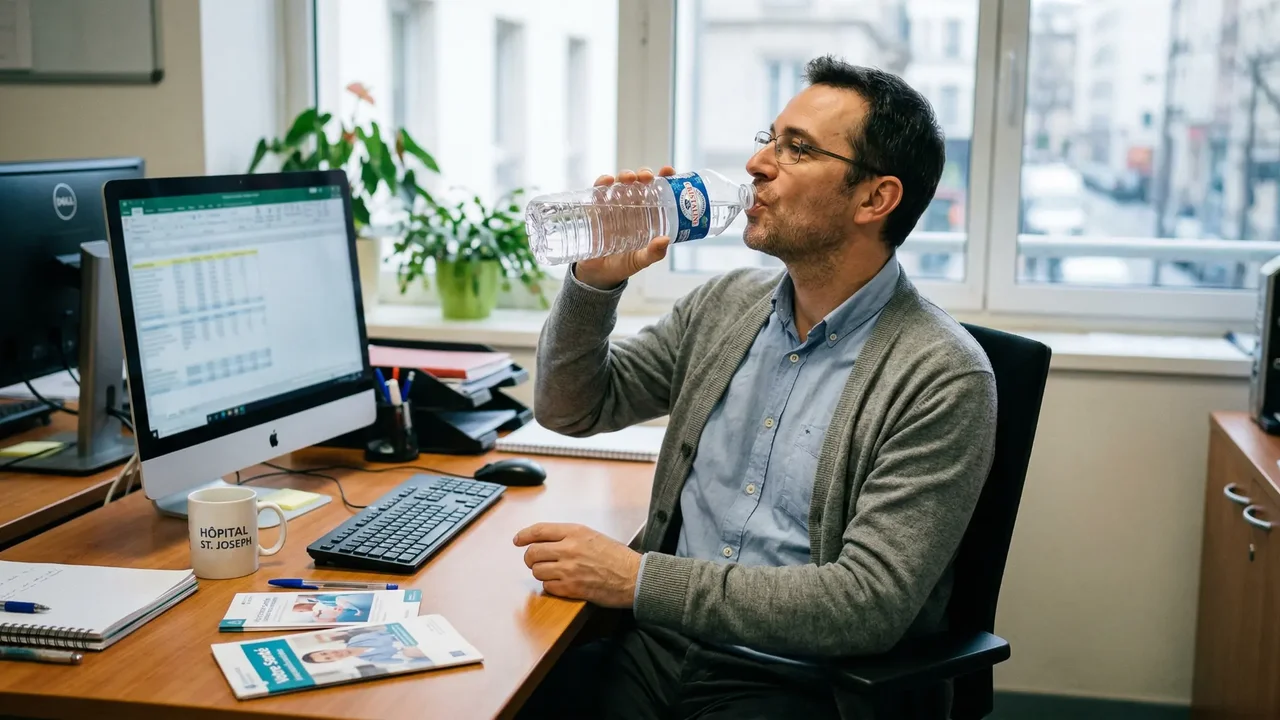 Un homme buvant de l'eau pour illustrer l'importance de l'hydratation dans la prévention des calculs rénaux.