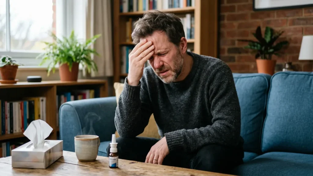 Un homme assis sur un canapé, tenant sa tête avec un air de douleur ou d'inconfort, entouré d'une boîte de mouchoirs et d'un spray nasal.