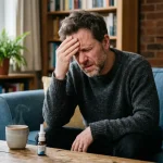 Un homme assis sur un canapé, tenant sa tête avec un air de douleur ou d'inconfort, entouré d'une boîte de mouchoirs et d'un spray nasal.