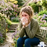Une personne souffrant de rhinite allergique assise sur un banc, se mouchant avec un mouchoir, entourée de fleurs dans un jardin.