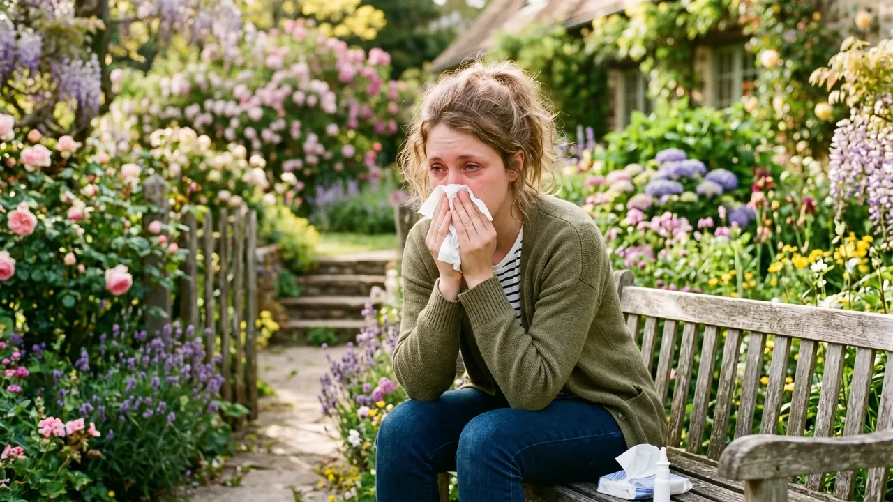 Une personne souffrant de rhinite allergique assise sur un banc, se mouchant avec un mouchoir, entourée de fleurs dans un jardin.