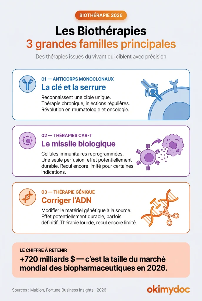 Infographie sur les trois grandes familles de biothérapies en 2026: anticorps monoclonaux, thérapies CAR-T et thérapie génique.