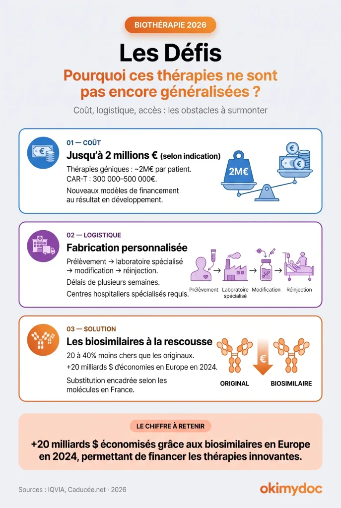 Infographie sur les défis des biothérapies en 2026.
