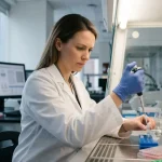 Scientifique en laboratoire manipulant des échantillons avec une pipette.