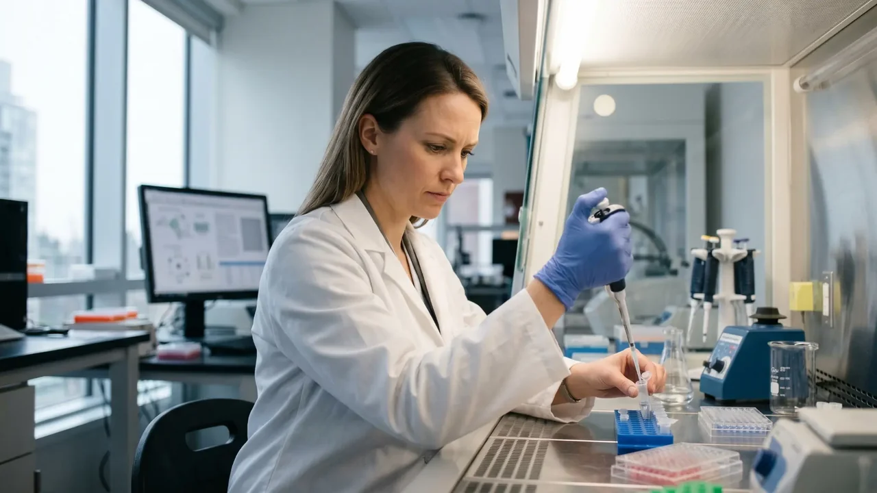 Scientifique en laboratoire manipulant des échantillons avec une pipette.