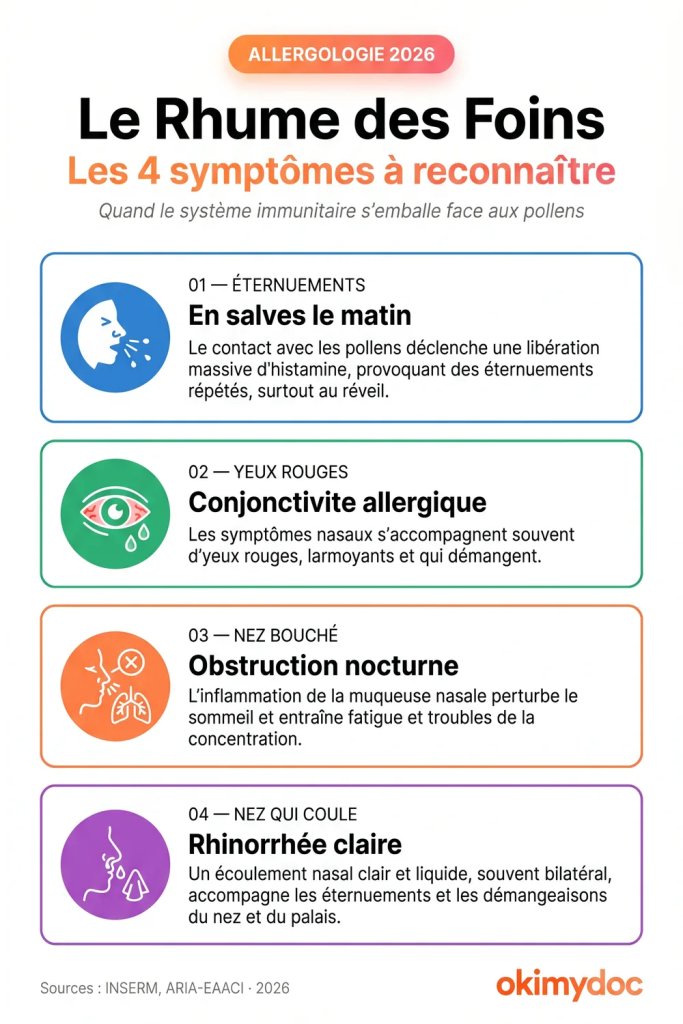 Infographie des 4 principaux symptômes du rhume des foins.