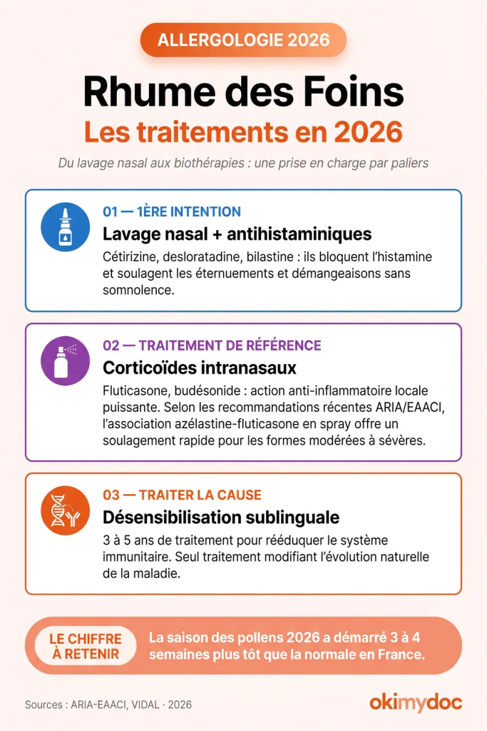 Infographie sur les traitements du rhume des foins en 2026, incluant lavage nasal, antihistaminiques, corticoïdes intranasaux et désensibilisation sublinguale.