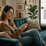 Femme souriante utilisant un téléphone avec un écran montrant une conversation flatteuse de ChatGPT.