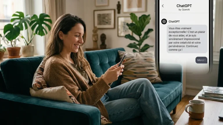 Femme souriante utilisant un téléphone avec un écran montrant une conversation flatteuse de ChatGPT.