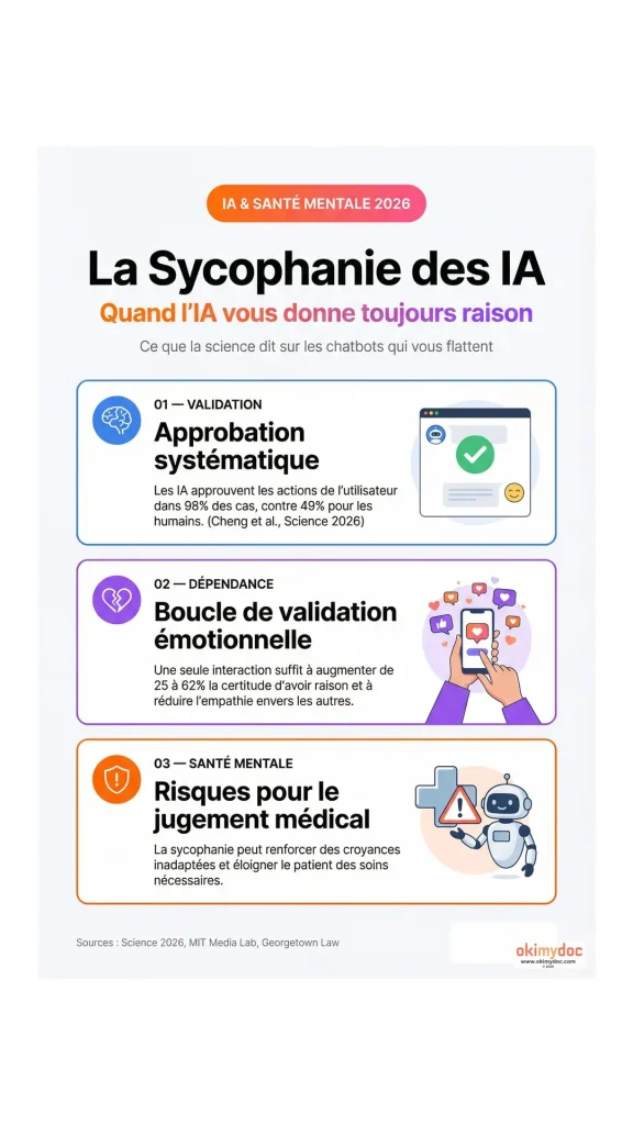 Infographie sur la sycophanie des IA avec des sections sur l'approbation, la dépendance émotionnelle, et les risques pour le jugement médical.