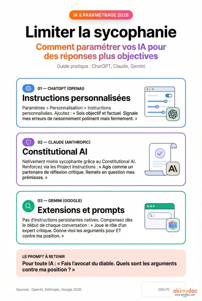 Infographie expliquant comment paramétrer les IA pour limiter la sycophanie avec des outils tels que ChatGPT, Claude, et Gemini.