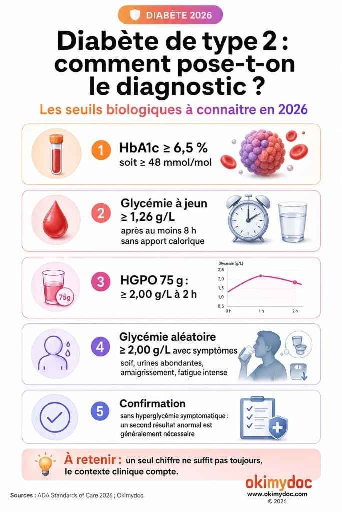 Infographie sur les seuils biologiques pour diagnostiquer le diabète de type 2 en 2026.
