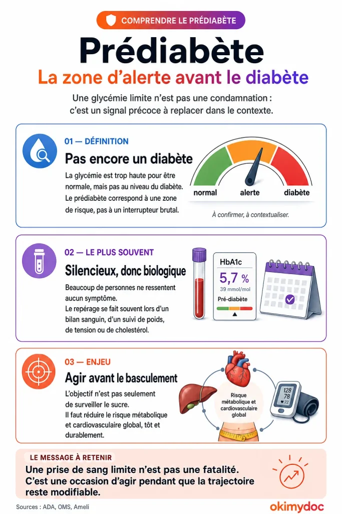Infographie sur le prédiabète montrant qu'il s'agit d'une zone d'alerte avant le diabète.