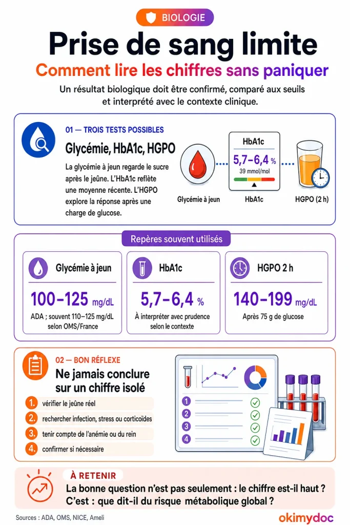 Infographie expliquant comment interpréter un résultat de prise de sang avec glycémie limite.
