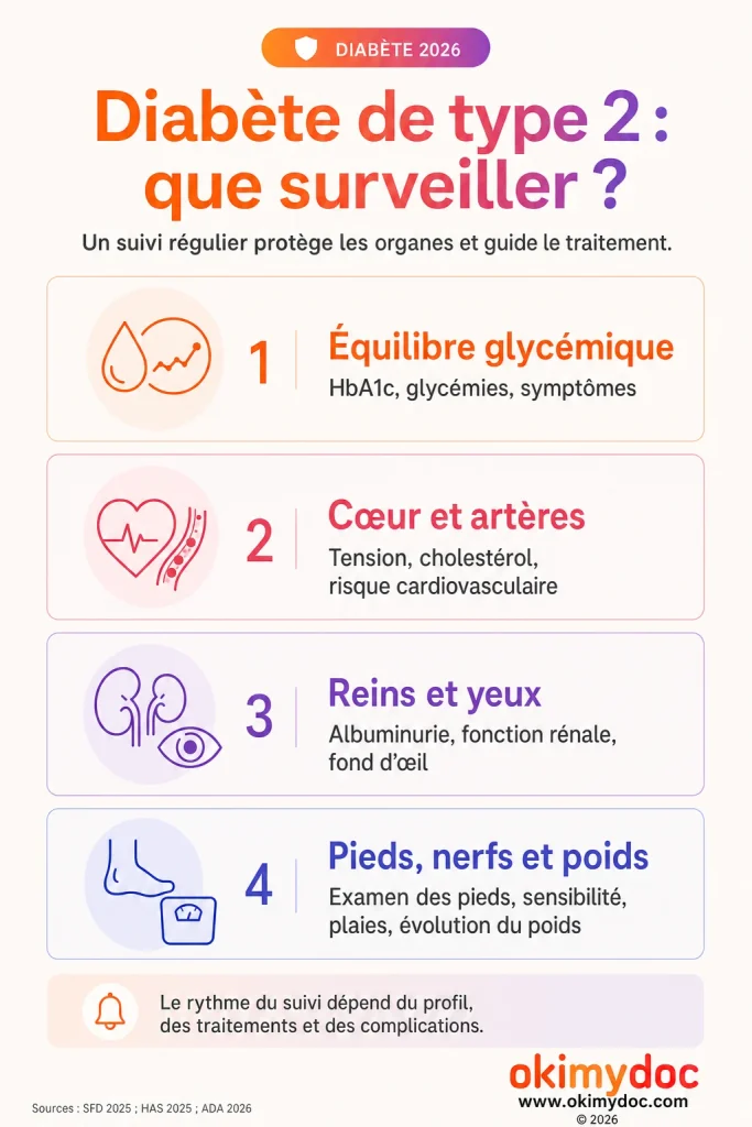 Infographie de la surveillance du diabète de type 2, mettant en avant quatre domaines : glycémie, cœur, reins et pieds.