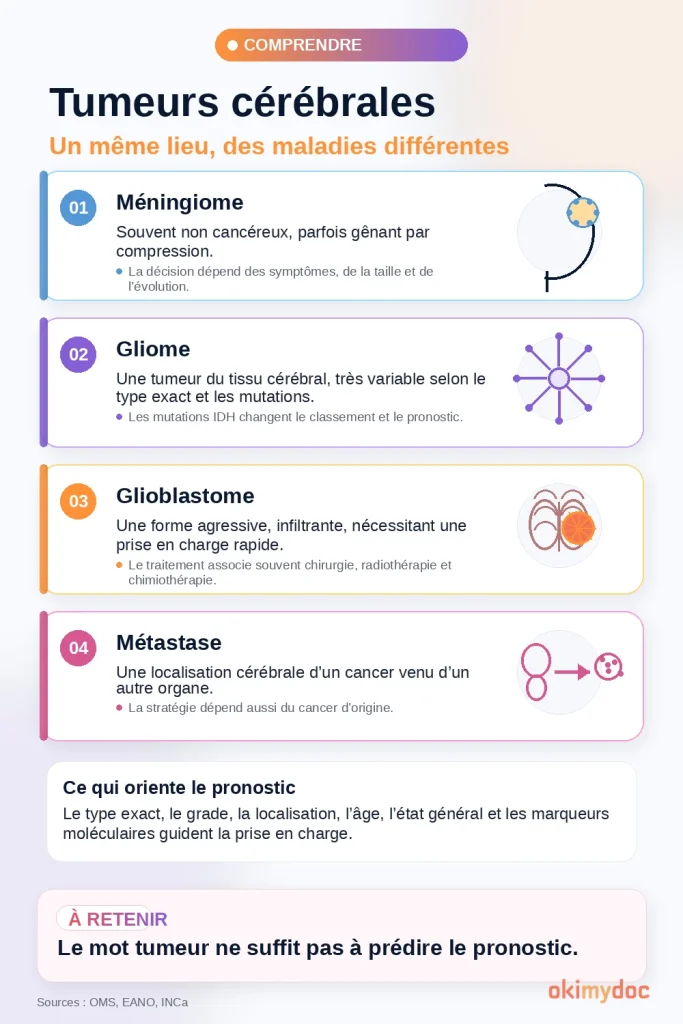 Diagramme décrivant les différents types de tumeurs cérébrales : méningiome, gliome, glioblastome, et métastase.