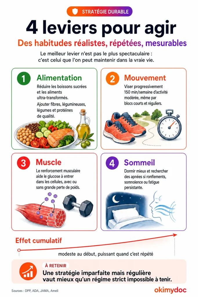 Infographie illustrant quatre leviers pour agir sur le prédiabète : alimentation, mouvement, muscle et sommeil.