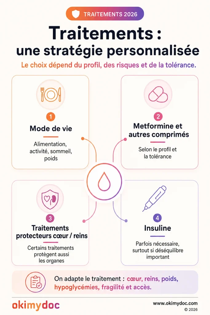 Graphique expliquant les traitements personnalisés pour le diabète de type 2 en 2026, détaillant stratégie selon le profil et les risques.