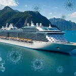 Navire de croisière en mer avec images de virus en surimpression.