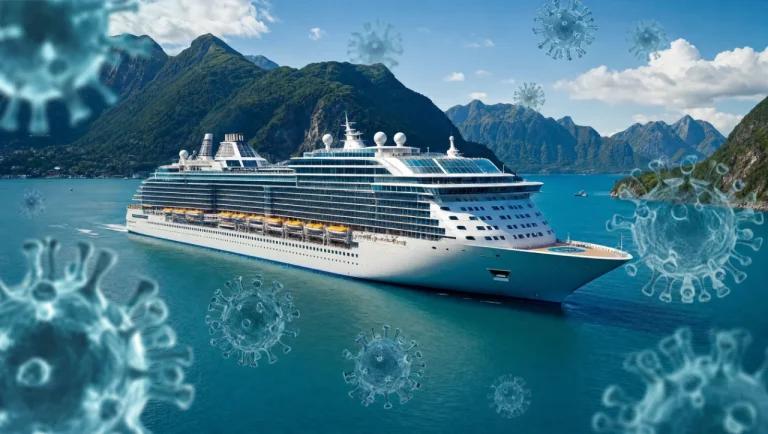 Navire de croisière en mer avec images de virus en surimpression.