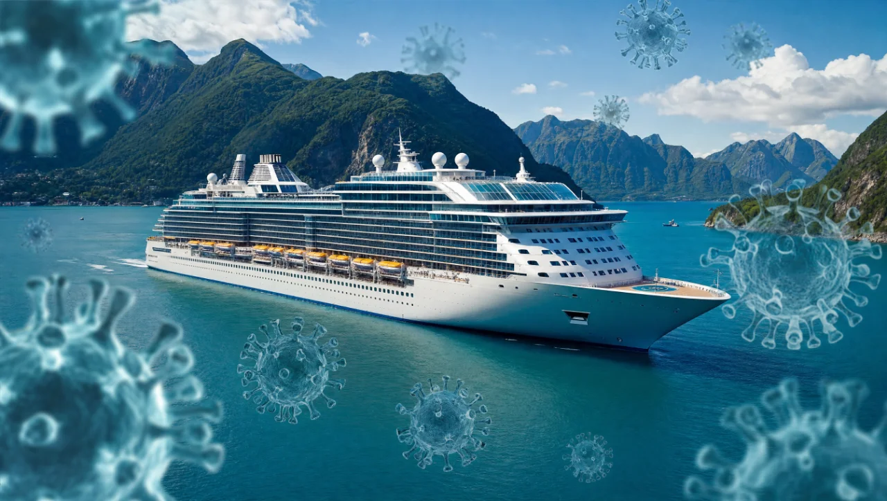 Navire de croisière en mer avec images de virus en surimpression.