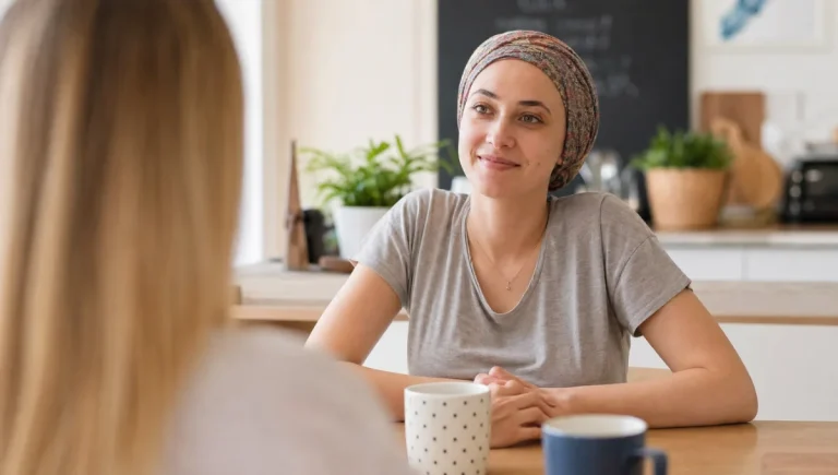 Une femme portant un foulard assise à une table, souriant à une autre personne.