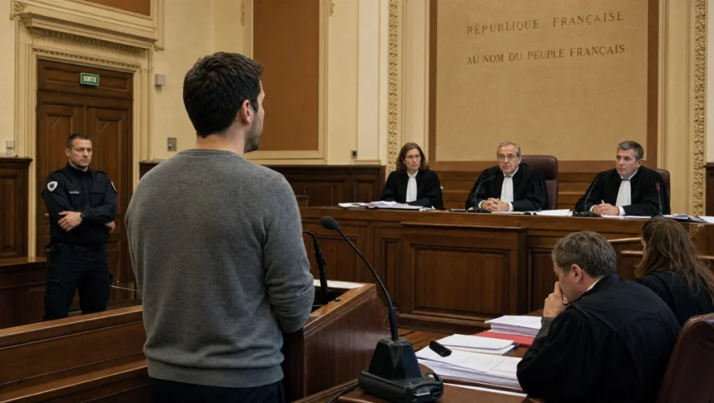 Accusé debout dans une salle d'audience devant les juges.