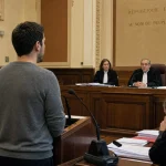 Accusé debout dans une salle d'audience devant les juges.
