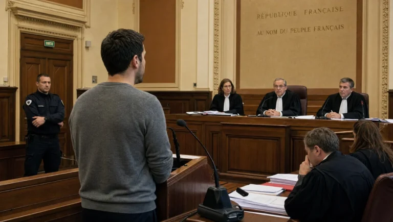 Accusé debout dans une salle d'audience devant les juges.
