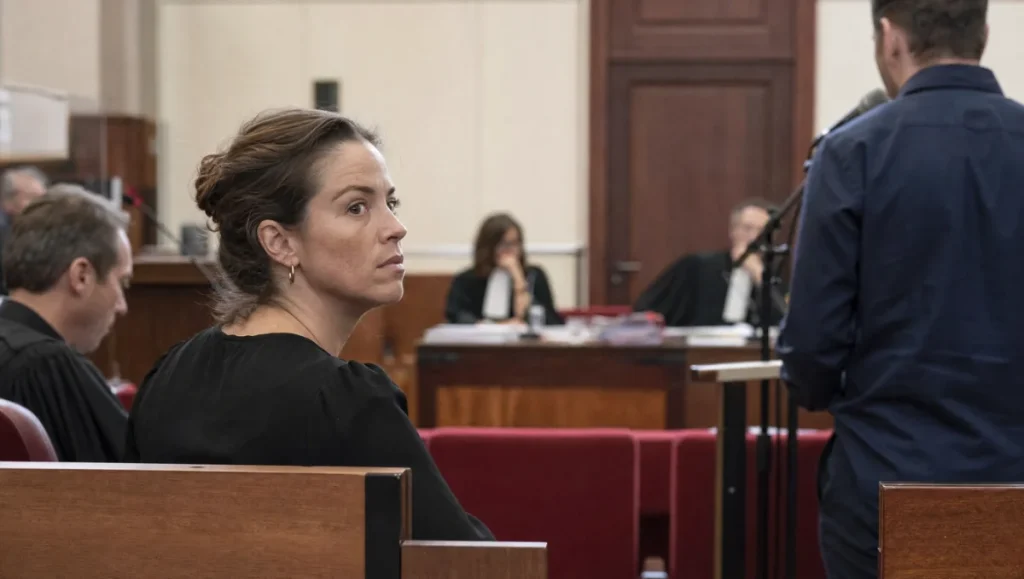 Personne assise dans une salle d'audience, regardant vers l'avant avec un air attentif, entourée d'hommes en robes judiciaires.
