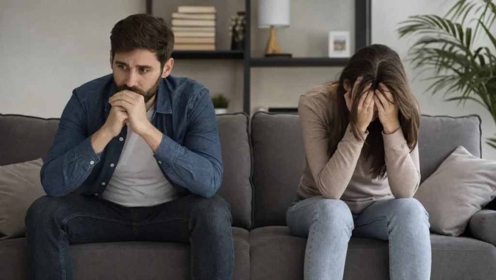 Un homme et une femme assis sur un canapé, l'air préoccupé, ne se regardant pas.