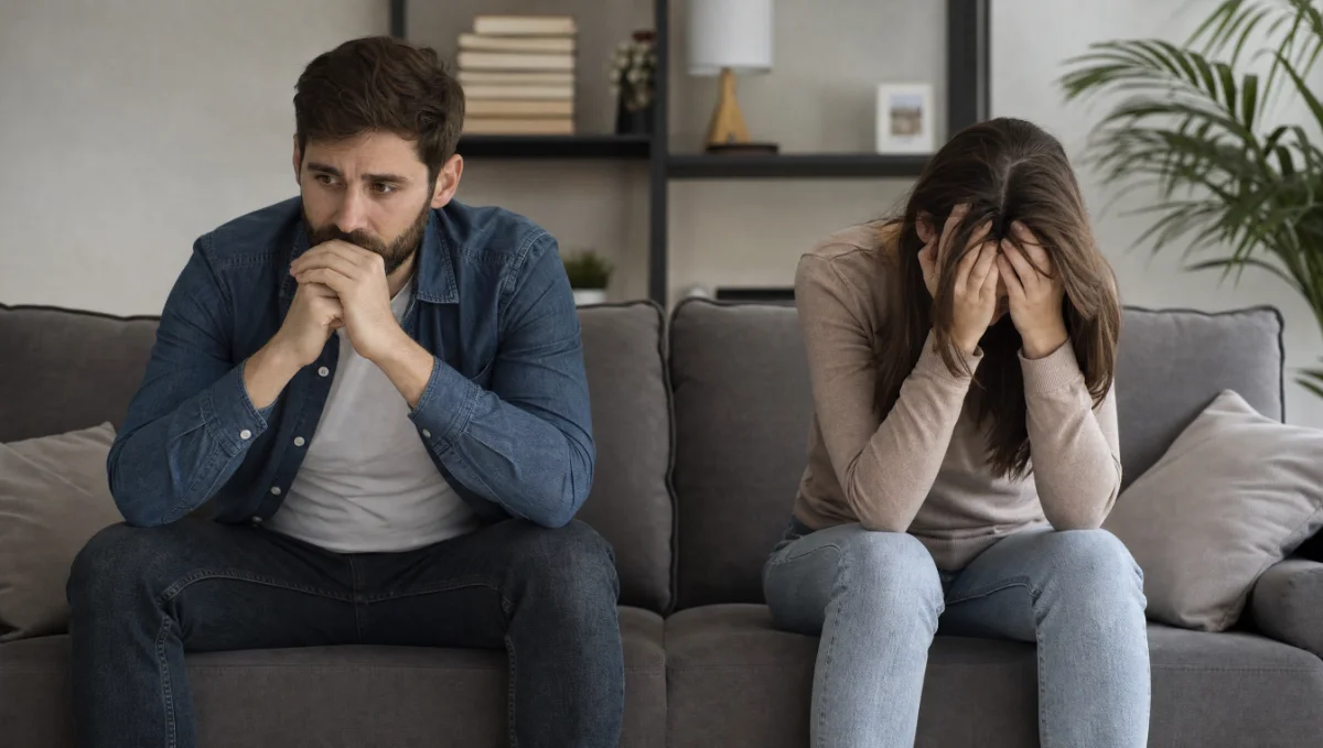 Un homme et une femme assis sur un canapé, l'air préoccupé, ne se regardant pas.