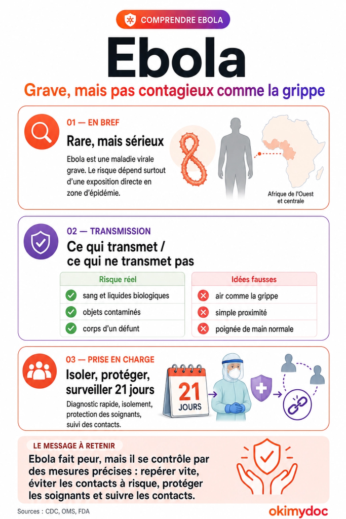 Infographie illustrant la gravité et les modes de transmission du virus Ebola.