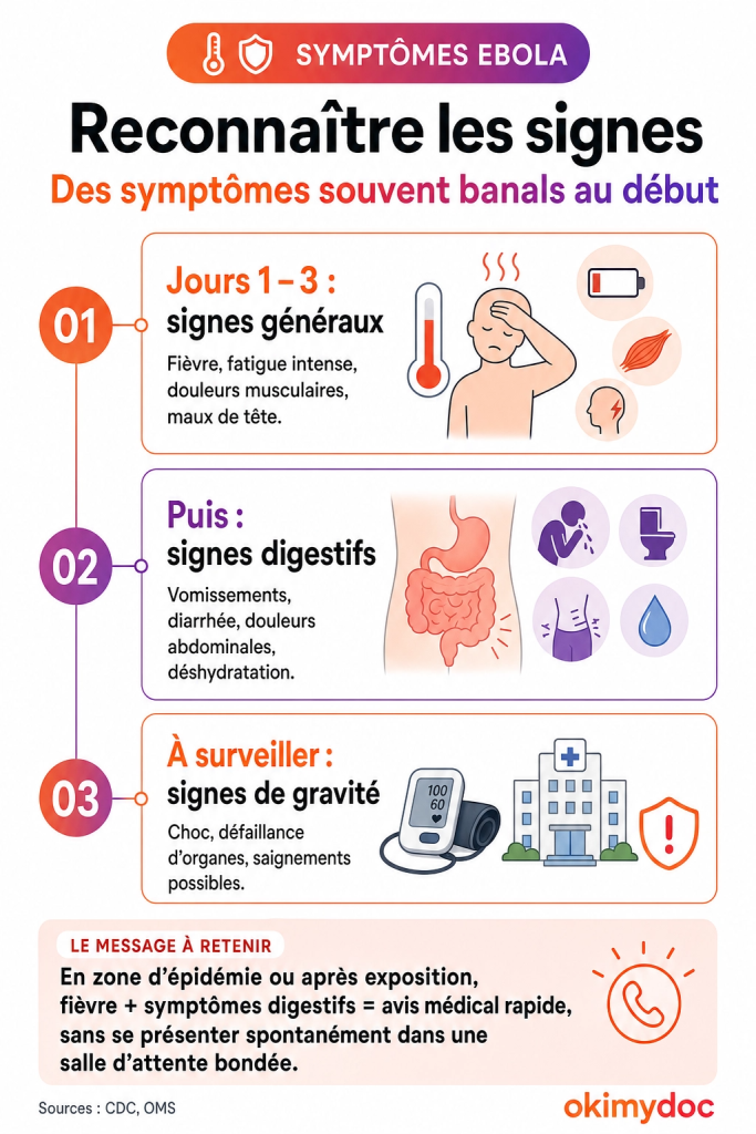 Infographie décrivant les symptômes de l'Ebola avec une progression des signes depuis les symptômes généraux jusqu'aux signes de gravité.