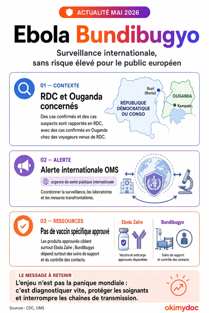 Infographie sur l'épidémie d'Ebola Bundibugyo en mai 2026.