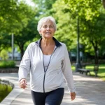 Femme âgée marchant dans un parc, illustrant l'importance de l'exercice pour la gestion du diabète de type 2.