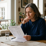 Femme examinant un document médical dans sa cuisine.