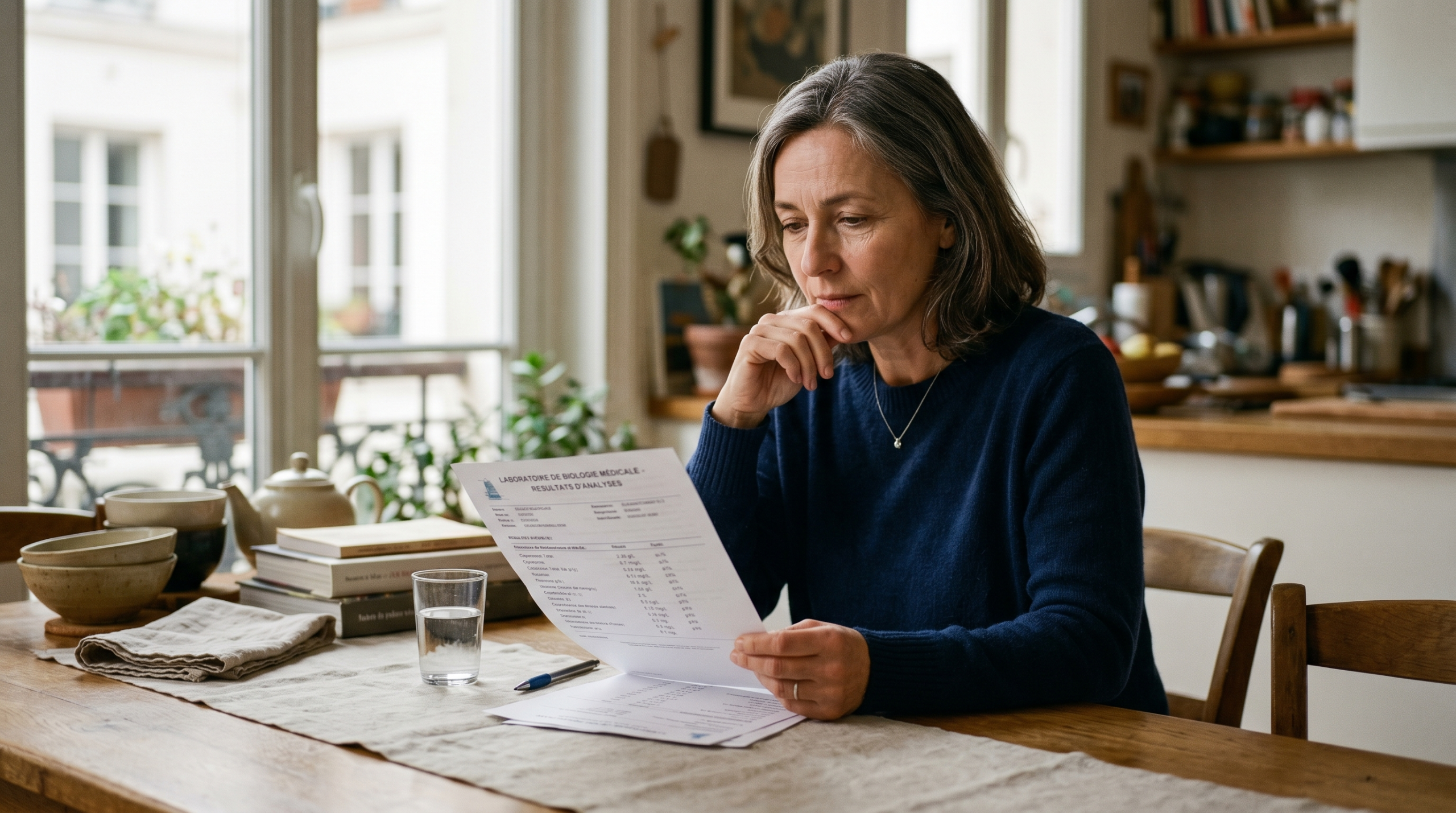 Femme examinant un document médical dans sa cuisine.